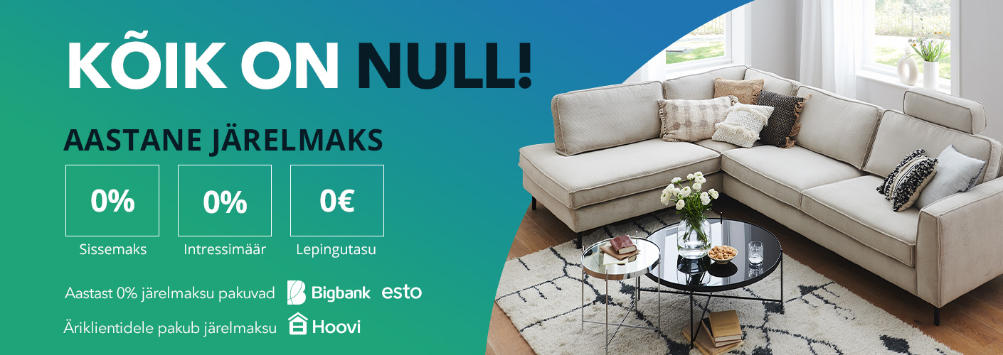 Kõik on null! Aastane järelmaks 0% sissemaks, 0% intressimäär, 0€ lepingutasu. Aastast 0% järelmaksu pakuvad Bigbank ja Esto. Äriklientidele pakub järelmaksu Hoovi.