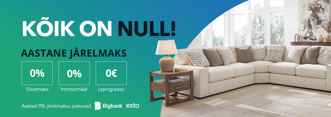 Kõik on null! Aastane järelmaks 0% sissemaks, 0% intressimäär, 0€ lepingutasu. Aastast 0% järelmaksu pakuvad Bigbank ja Esto.