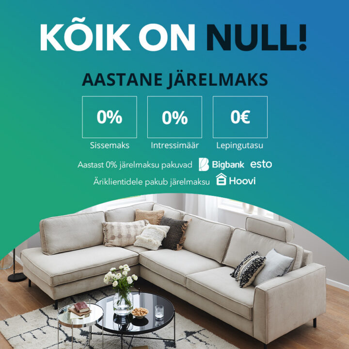 Kõik on null! Aastane järelmaks 0% sissemaks, 0% intressimäär, 0€ lepingutasu. Aastast 0% järelmaksu pakuvad Bigbank ja Esto. Äriklientidele pakub järelmaksu Hoovi.