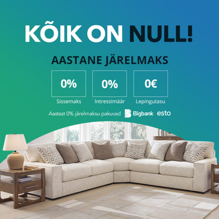 Kõik on null! Aastane järelmaks 0% sissemaks, 0% intressimäär, 0€ lepingutasu. Aastast 0% järelmaksu pakuvad Bigbank ja Esto.