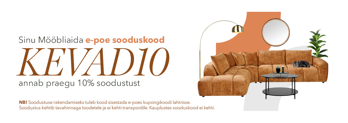 Sinu e-poe sooduskood "KEVAD10" annab praegu 10% soodustust. NB! Soodustuse rakendamiseks tuleb kood sisestada e-poes kupongikoodi lahtrisse. Soodustus kehtib tavahinnaga toodetele ja ei kehti transpordile. Kauplustes sooduskood ei kehti.