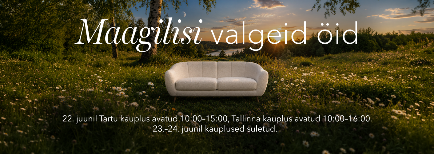 Maagilisi valgeid öid ja mõnusaid jaanipühi! 22. juunil on Mööbliaida kauplused avatud lühendatult: Tallinnas 10:00–16:00 Tartus 10:00–15:00 Kaubaväljastus 22. juunil: Tallinnas 10:00–16:00 Tartus 10:00–13:30 23.–24. juunil on Mööbliait suletud. Häid jaanipühi!