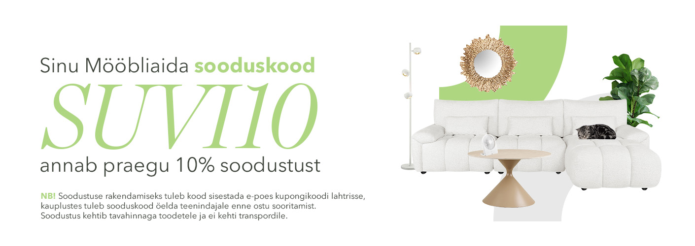Sinu Mööbliaida sooduskood "SUVI10" annab praegu 10% soodustust. NB! Soodustuse rakendamiseks tuleb kood sisestada e-poes kupongikoodi lahtrisse, kauplustes tuleb sooduskood öelda teenindajale enne ostu sooritamist. Soodustus kehtib tavahinnaga toodetele ja ei kehti transpordile.
