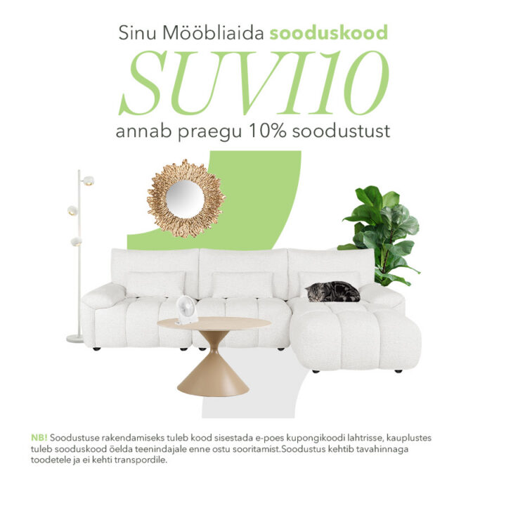 Sinu Mööbliaida sooduskood "SUVI10" annab praegu 10% soodustust. NB! Soodustuse rakendamiseks tuleb kood sisestada e-poes kupongikoodi lahtrisse, kauplustes tuleb sooduskood öelda teenindajale enne ostu sooritamist. Soodustus kehtib tavahinnaga toodetele ja ei kehti transpordile.