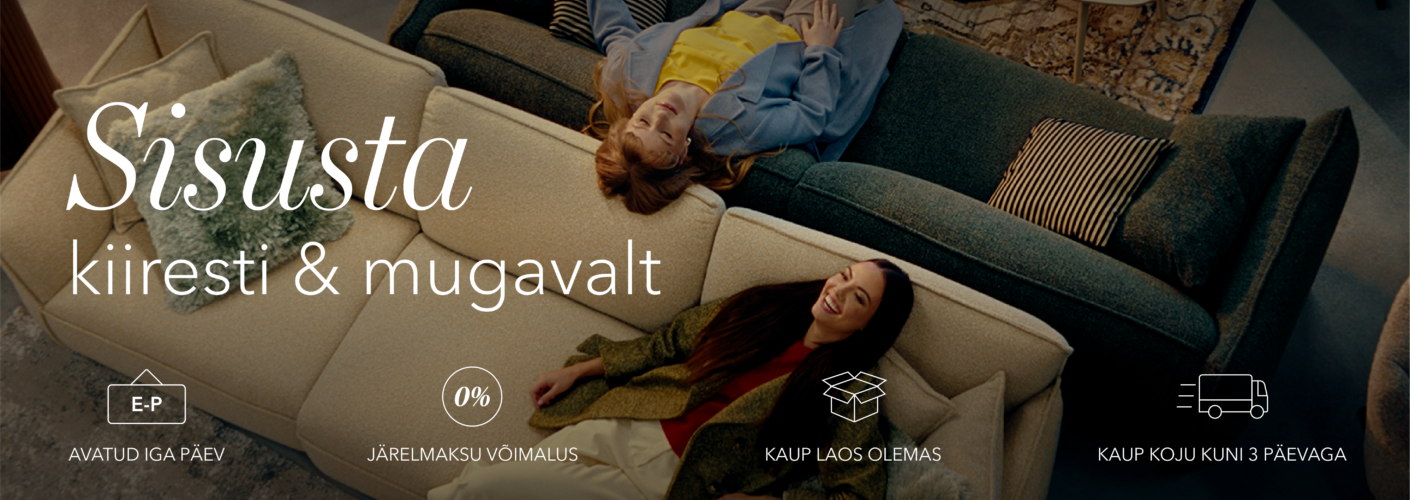 Sisusta kiiresti & mugavalt Kodu uuendamine ei pea olema keeruline. Mööbliaidast leiad laia valiku mööblit, mis on kohe olemas ning jõuab sinu koju juba kuni 3 päevaga. ✔ Kauplused avatud iga päev ✔ 0% järelmaksu võimalus ✔ Suur valik kohe laos olemas ✔ Kiire tarne üle Eesti