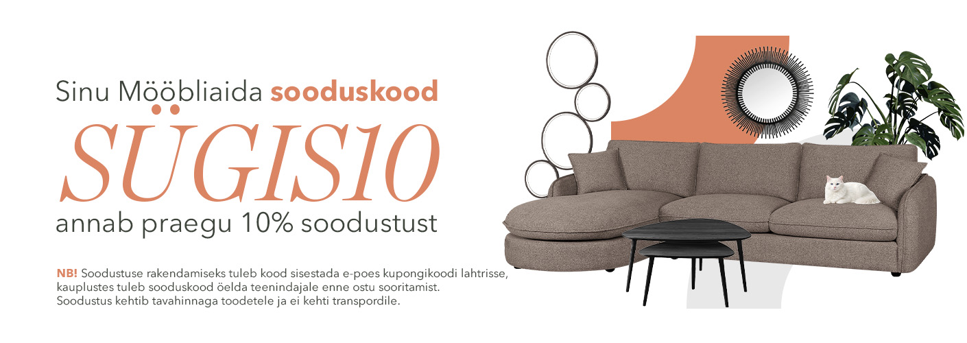 Sinu Mööbliaida sooduskood "SÜGIS10" annab praegu 10% soodustust. NB! Soodustuse rakendamiseks tuleb kood sisestada e-poes kupongikoodi lahtrisse, kauplustes tuleb sooduskood öelda teenindajale enne ostu sooritamist. Soodustus kehtib tavahinnaga toodetele ja ei kehti transpordile.