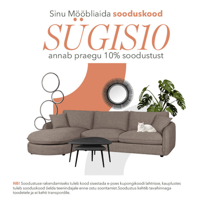 Sinu Mööbliaida sooduskood "SÜGIS10" annab praegu 10% soodustust. NB! Soodustuse rakendamiseks tuleb kood sisestada e-poes kupongikoodi lahtrisse, kauplustes tuleb sooduskood öelda teenindajale enne ostu sooritamist. Soodustus kehtib tavahinnaga toodetele ja ei kehti transpordile.