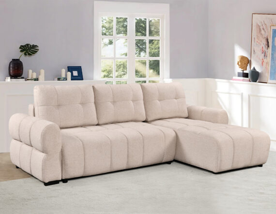 Moosa nurgadiivanvoodi parempoolne, pesukastiga beež interjöör eestvaade