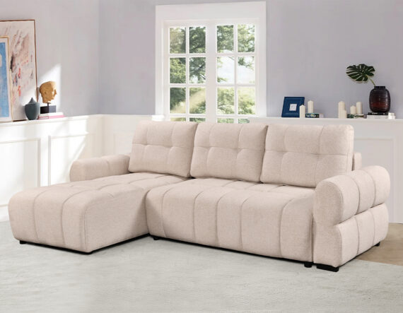 Moosa nurgadiivanvoodi vasakpoolne, pesukastiga beež interjöör külgvaade